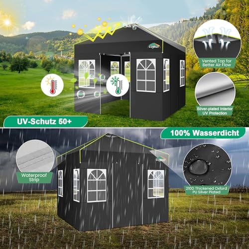 COBIZI 10x10 Pop Up Canopy Tent with 4 Removable Sidewalls, One Push Party Tent Outdoor Waterproof Event Canopy with Air Vent for Parties Commercial Wedding, 3 Height, Carry Bag, Sandbag, Black - color: Black, size: 10x10【with 4 Sidewalls】