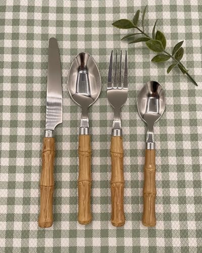 The Original Brink House Beyond Bamboo Stainless Steel Cutlery Set with Naturalistic Bamboo Handles / 16 pieces with Metal Stand, Lifestyle utensils set for home, first apartment, dorm, outdoor events - color: Beyond Bamboo, size: Service for 4 (16 pcs)