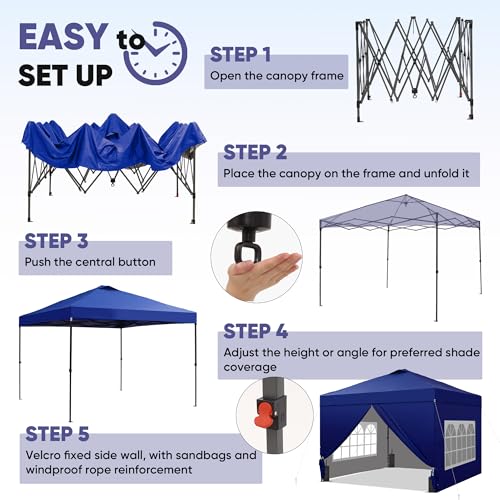 GDY 10x10 Pop Up Canopy Tent with 4 Sidewalls, Easy Set up with One Push Lift Outdoor Silver Coated Beach Gazebos, Carpas with 4 Sandbags, for Events, Parties,Camping, Navy Blue. - color: Navy Blue, size: 10x10 with 4 Sidewall