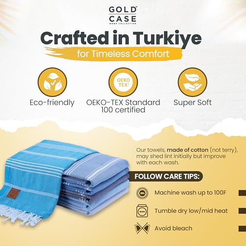 Gold CASE LYCIA Turkish Beach Towel Set of 6 – 100% Cotton Turkish Beach Towels Bulk 70 x 38'' – LYCIA Oversized, Quick Dry & Sand Free Beach Towel – Lightweight Towels Set in Tones of Blue - color: Tones of Blue, style: Beach-Bath Towel Set