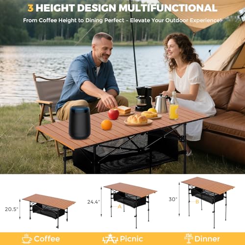 Portable Folding Camping Table, 4-6 Person Aluminum Outdoor Picnic Table with Storage Carry Bag, Adjustable Height Lightweight Camp Table for Beach, Picnic, BBQ and Indoor Use