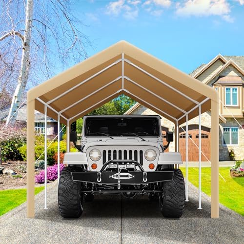 COBIZI Carports 10x20 Heavy Duty Car Tent Garage 2.0, Galvanized Frame Car Canopy Outdoor Shelter Waterproof & UV Protected with Windproof Ropes & Built-in Sandbags for Car Truck Boat, Khaki - color: Khaki, size: 10'x20'