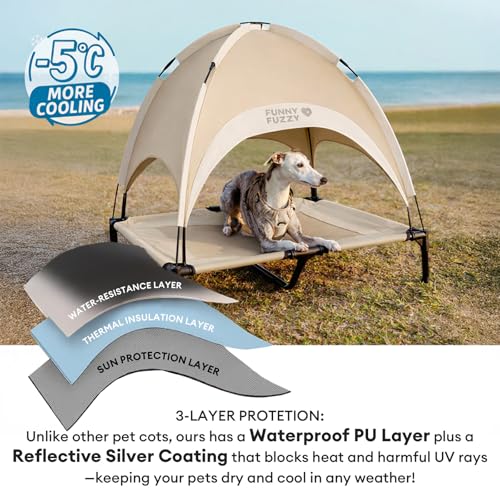FUNNY FUZZY Elevated Dog Bed with Canopy, Small (24"x18"x7") – Outdoor Raised Dog Cot with Shade, Cooling Breathable Mesh Pet Bed, Portable Waterproof Dog Camping Bed for Large Medium Small Dogs,Khaki - color: Khaki, size: Small