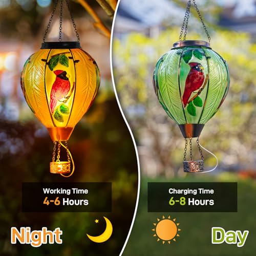 Large Hot Air Balloon Cardinal Solar Lantern Lights with Flame, Green Glass Balloon Lantern Waterproof Outdoor Decor for Garden Yard Patio, Birthday Mother's Day Gifts for Moms Women - color: Cardinal Green