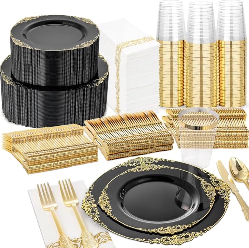 Nervure 350PCS Black Plastic Plates - Black Plastic Dinnerware Sets for 50 Guests - 100 Disposable Plates, 150 Gold Silverware, 50 Cups, 50 Napkins for Wedding & Party & Graduation & Retirement - color: Black