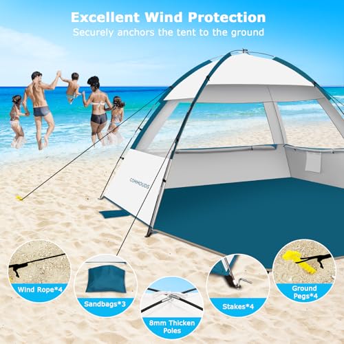 COMMOUDS Beach Tent Sun Shade for 3/4/6/8 Person, UPF 50+ Beach Sun Shelter Canopy Tent, Lightweight, Easy Set Up and Carry - color: Silver, size: 4 Person