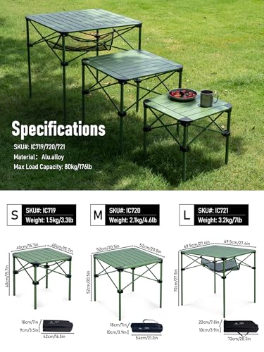iClimb Lightweight Stable Alu. Folding Square Table Roll Up Top with Carry Bag for Camping Picnic Backyards BBQ Camp Kitchen (Green, L) - color: Green, size: Large