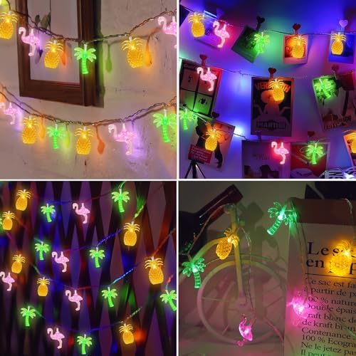 Olixmlya 30 LED [ 8 Modes & Timer ] 16Ft Summer Tropical Beach Hawaiian String Lights Tropical Flamingo Pineapple Palm Tree Fairy Lights Battery Operated for Party Beach Pool Summer Decor