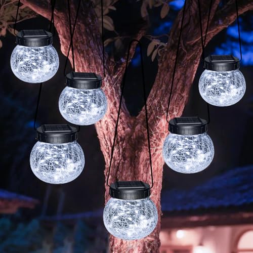 Kolpop Solar Lanterns Outdoor Waterproof 6 Pack, Hanging Solar Lights with 30 LED, Cracked Glass Hanging Globes for Garden Patio Fence Yard Christmas Tree Decoration, Cold White - color: Cold White, size: 6 Pack