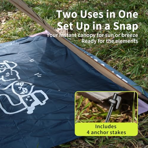 morning deer 65"x60" Lightweight Packable Picnic Mat & Canopy 2-in-1 Double-Sided Waterproof Groundsheet with 4 Tarp Stakes Camping Moisture-Proof Mat Lawn & Beach Mat for Backpacking, Beach, Park