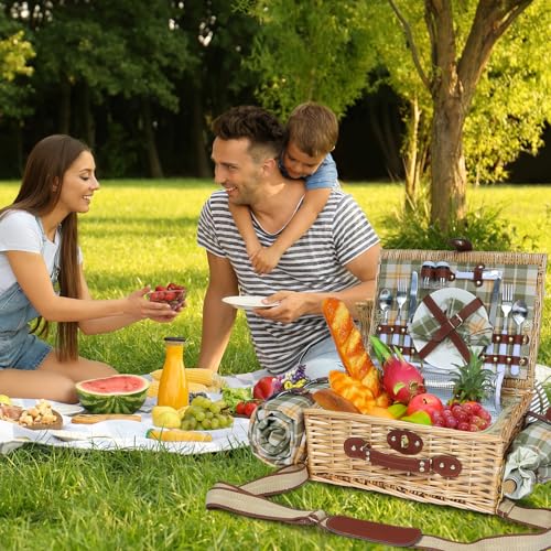 Picnic Basket for 2 with Blanket, Willow Picnic Basket Set with Shoulder Strap&Wine Pouch, Large Willow Hamper with Insulated Cooler for Outdoor, Camping, Beach, Couples, Wedding Gift - color: Green and Yellow Grid