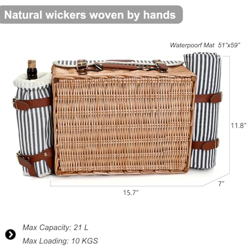 Multifunctional Wicker Picnic Basket Set for 2 with Blanket and Picnic Table, Insulated Picnic Set with Full Tablewares for Camping Outdoor Couples, Stripes - color: Stripes With Blanket &Table for 2