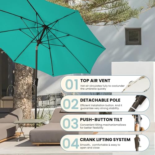 9FT 9FT Outdoor Patio Umbrella Outdoor pool Umbrella with Push Button Tilt and Crank, Market Umbrella 8 Sturdy Ribs UV Protection for Garden, Deck, Backyard (Turquoise) - color: Turquoise, size: 9 FT