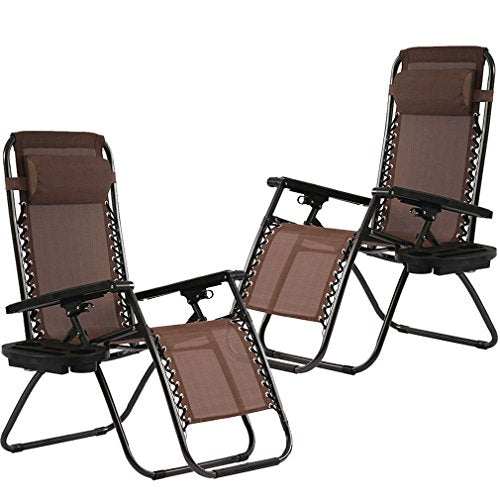 Zero Gravity Chairs Set of 2 with Pillow and Cup Holder Patio Outdoor Adjustable Dining Reclining Folding Chairs for Deck Patio Beach Yard (Brown) - color: Brown
