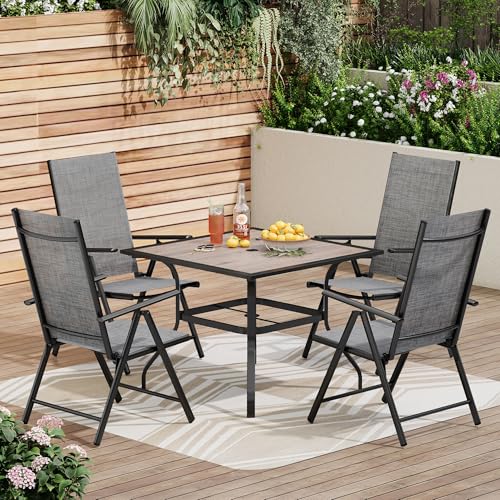 PHI VILLA 5-Piece Patio Dining Set with Umbrella Hole, Patio Table and Chairs Set with Square Wooden-Like Table & Folding Patio Chairs (Grey) - color: Grey, size: 5 Piece Square