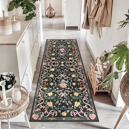 Washable Non-Slip Runner Rugs 2X6, Black Rug Boho Farmhouse Bow Floral Area Rug for Hallway Kitchen Bedroom Beside Laundry Room Bathroom Rug, Low Pile Stain Resistant Soft Floor Carpet - color: Aa#black(bow Floral), size: 2' x 6' (Rectangular)