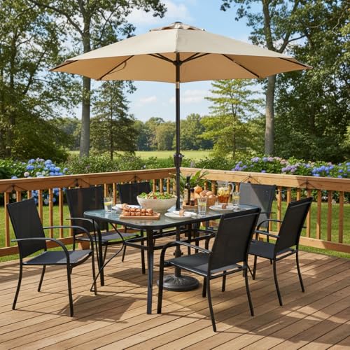 Tangkula 55" Patio Dining Table for 6, Rectangle Outdoor Dining Table with Tempered Glass Tabletop, Umbrella Hole & Metal Frame, 6-Person Outside Dining Table for Backyard, Lawn, Deck & Poolside - size: 55" x 35" x 28"