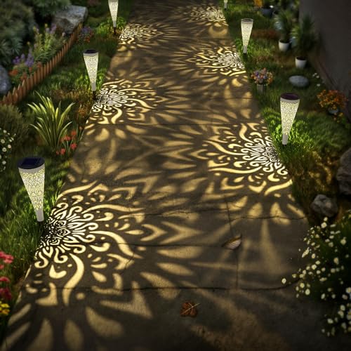 gardencave 6 Pack Solar Lights Outdoor Garden Decorative Mandala Solar Garden Lights with Warm Light Waterproof Solar Pathway Landscape Light for Path Patio Backyard Walkway Yard Decor (White) - color: White