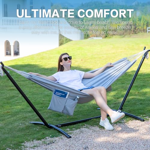 PNAEUT Double Hammocks with Stand for Outside, Portable Space Saving Heavy-Duty Steel Stand for Indoor Outdoor Patio with Carrying Bag, 450 lbs Capacity (Gray) - color: Grey