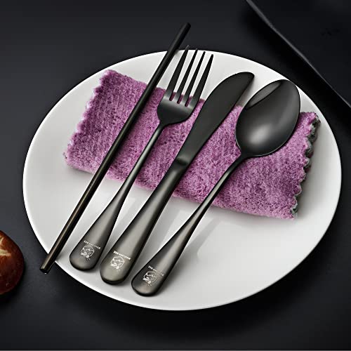 Boulder Bee | Travel Utensils Set | Reusable Camping Cutlery Set | Stainless Steel Flatware Set | Portable Silverware Set with Case | Includes Knife/Fork/Spoon/Straw/Cleaning Cloth/Case (Black) - color: Black