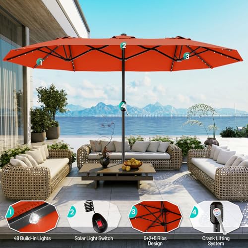 AreShark 13 FT Patio Umbrella with Solar Lights, Double-Sided Outdoor Table Umbrellas with Crank, Large Rectangular Market Umbrella for Porch, Lawn, Pool, Backyard, Orange - color: Orange, size: 6.5x13 Ft