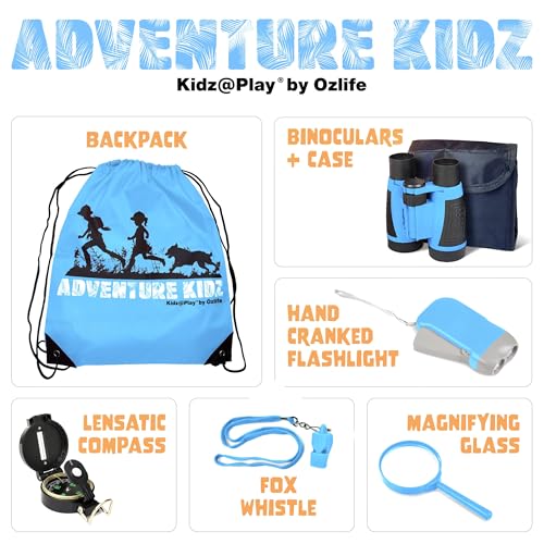 Adventure Kidz - Outdoor Exploration Kit, Children’s Toy Binoculars, Torch, Compass, Whistle, Magnifying Glass, Backpack. Great Kids Gift Set for Camping, Hiking, Educational and Pretend Play. - color: Blue