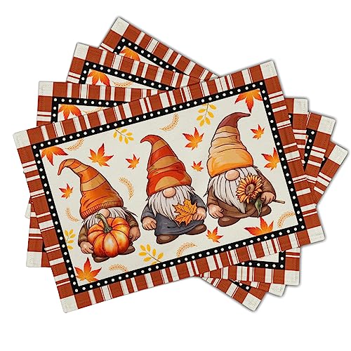 Fall Thanksgiving Placemats Set of 4，12x18 Inch Autumn Maple Leaves Gnomes Place Mats Farmhouse Table Mat for Seasonal Holiday Party Kitchen Dining Room Table Decor - color: Fall Gnomes