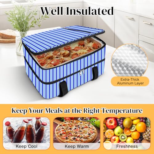 Coobiiya Insulated Casserole Carrier,Lasagna Lugger Tote Keeps Food Hot or Cold,Thermal Lunch Bag Warmer & Cooler Carrier Bag,Portable Tote Bag Fits 9" x 13" Baking Dish for Picnic and Cookout - color: Stripes, size: Double Layer: 15.75 × 11.8 × 7.87 in