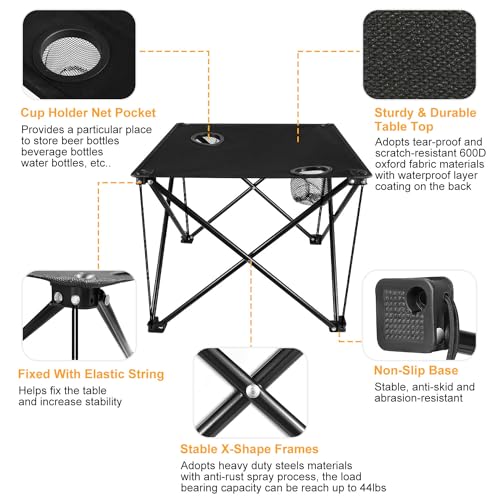 KOCASO Foldable Camping Table Portable Picnic Table Lightweight Travel Desk with Cup Holder Carrying Bag - color: Black-1