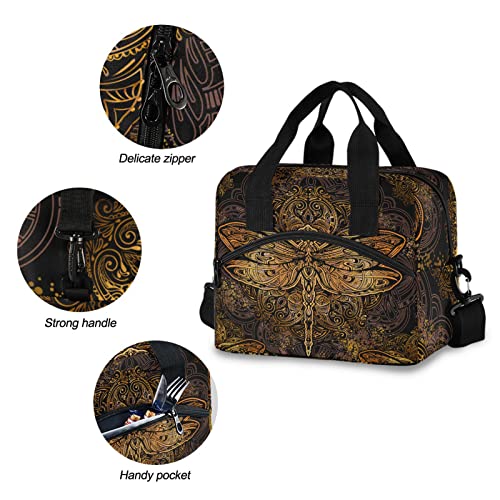 Dragonfly Mandala Insulated Lunch Bag Reusable Lunch Tote Bag Cooler Bag for Women Men Adult Lunch Box with Adjustable Shoulder Strap Leakproof Lunch Bag for Work School Picnic Camping - color: Dragonfly Mandala