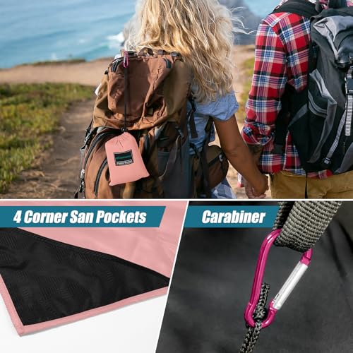 Odoland Pocket Blanket Picnic Blanket, 71" x 63" SandProof Waterproof Outdoor Beach Blanket with Portable Bag, Foldable Lightweight Sand Free Quick Drying Beach Mat for Hiking Camping Travel, Pink - color: Pink, size: 63" x 71"(2-4 People)