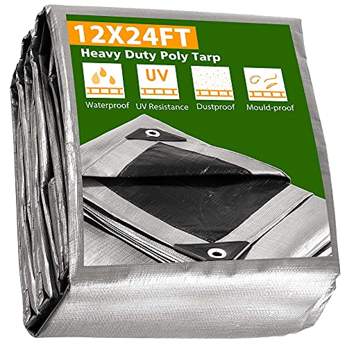 Waterproof Tarp 12 X 24 Ft Heavy Duty 14mil Extra Thickness, Aluminum Grommets, Silver Black Poly Tarp, Tarpaulin Ground Sheet Camping Tent Cover