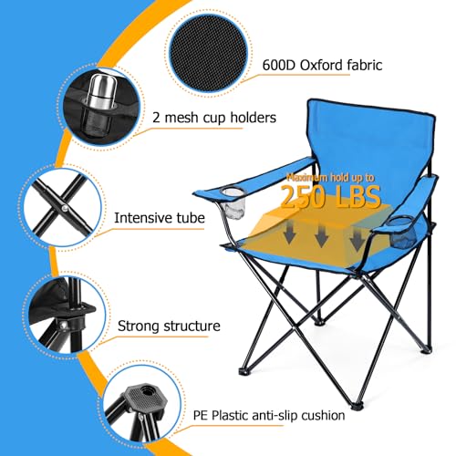 HaSteeL Folding Camping Chair Set of 3, Foldable Blue Camp Chairs & Grey Table, Large Lawn Chair Portable for Adults Hiking, Fishing, Picnic, Outdoor BBQ, Travel, Sports, Cup Holders & Storage Bags - color: Blue Chairs