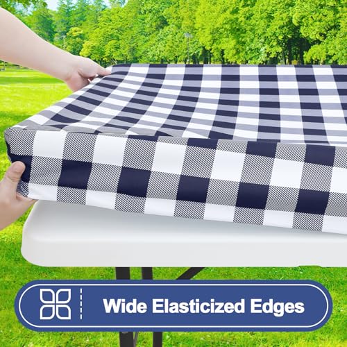 Smiry Picnic Table Cloth 2 Pack, Waterproof Elastic Fitted Tablecloths for 18x72 Rectangle Tables, Washable Polyester Buffalo Plaid Tablecloth for Camping, Dining & Outdoor (Navy & White, 18" x 72") - color: Navy and White, size: 18" x 72"