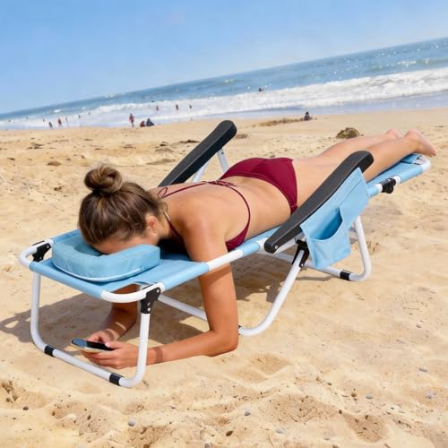 ABORON Tanning Chair with Face Hole, 5-Position Adjustable Reclining Beach Lounge Chair, Folding Face Down Sun Lounger for Beach, Poolside, Patio, Lawn, Home - color: Fresh Blue