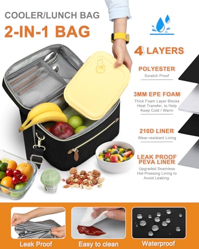 Capolo Lunch Box for Women Men Adults,Insulated Lunch Bag Leakproof Lunch Cooler Box with Removable Strap Cute Lunch Tote Bags Reusable Thermal Lunchbox for School Work Picnic(Small,Black) - color: Black, size: Small