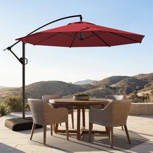 HOMSHADE 10ft Patio Umbrella with Base Included, Cantilever Umbrella UPF50+ UV Protection with Easy Tilt and Crank for Pool Deck and Garden(Red) - color: Red