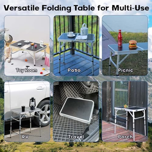 YihuiKo Small Folding Table, Aluminum 24" x 16" Adjustable Height Max 27.5" Folding Camping Table with Carrying Handle, Lightweight, Portable Camp Table for Outdoor Indoor Picnic Beach, Black - size: 24"L x 16"W x 27"H