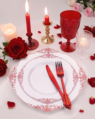 Nervure 350PCS Red Plastic Plates - White Red Plastic Dinnerware Set for 50 Guests - 100 Red Disposable Plates, 50 Pre Rolled Cutlery Set, 50 Cups Perfect for Wedding & Party & Mothers Day - color: White and Red
