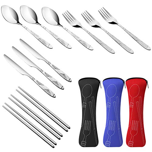 Arroyner 3 Pack Reusable Flatware Sets Knife, Fork, Spoon, Chopsticks, 12Pcs Portable Travel Stainless Steel Tableware Dinnerware with Carrying Case - size: 3Pack-12PCS