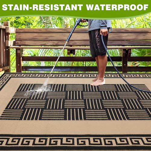 YONILE Outdoor Rug 5x8 ft Waterproof, Reversible Outdoor Plastic Straw Rug for Patios Clearance, Outdoor Area Rug Carpet RV Mat for Camping Backyard Deck Porch - color: Black&coffee-striped, size: 5x8ft