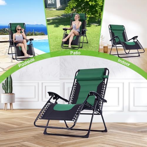 Backyard Expressions Deluxe XL Padded Recliner Zero Gravity Chair – Ergonomic Anti-Gravity Lounger with Folding Design, Side Tray, and Adjustable Headrest - color: Black/Forest Green