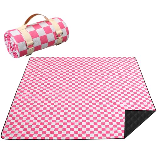 Nuanchu Checkered Picnic Blanket Extra Large Outdoor Blanket Sandproof 80"x80" Waterproof Portable Machine Washable 3 Layer Thick Gingham Picnic Mat for Beach Camping Park Grass Travel(Bright Pink) - color: Bright Pink