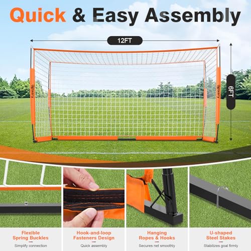 Portable Soccer Goal, Detachable 12x6 FT Soccer Goals Net for Backyard, Quick Setup Training Equipment with 1 Carry Bag, 12 Training Cones - color: Orange
