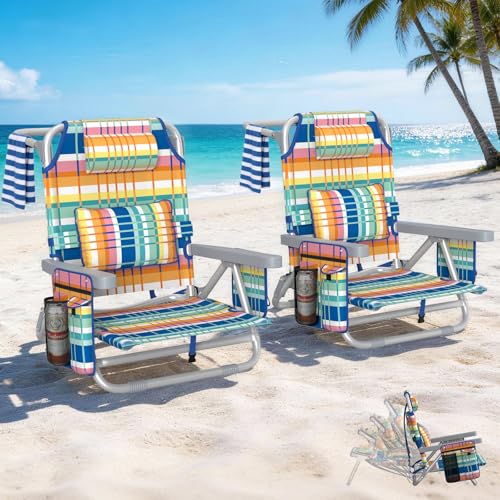 5-Position Backpack Beach Chair for Adults with Lumbar, Foldable Tall Heavy-Duty Beach Chairs with Cooler Bag,Cup Holder,Towel Rack for Beach, Camping, Outdoor (2, Rainbow) - color: Rainbow, size: 2 pack