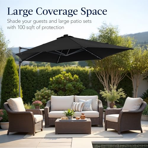 Best Choice Products 10ft Solar LED Offset Cantilever Hanging Market Patio Umbrella, Smooth 360° Rotation, 8 Sturdy Ribs, Easy Adjustment - Black - color: Black, size: Offset w/ 360° Rotation