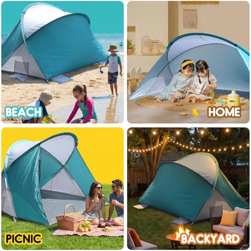 Chihee Pop-Up Beach Tent for 1-2 Person UV Protection Silver Coated Fabric Portable Sun Shelter,Crossed Fiberglass Poles Windproof Sandbags Ropes Pegs, Lightweight Instant Setup Beach Outdoor Shade