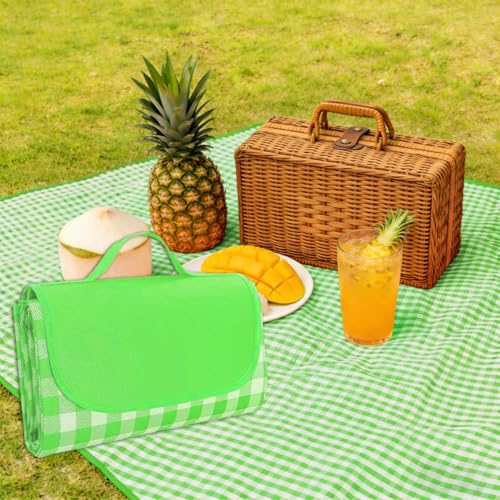 Extra Large Picnic Outdoor Blanket, 80''x60'' Waterproof Sand Beach Mat, Foldable Blankets Gingham Picnic Mat for Beach Camping Grass Lawn Park Hiking Travel Accessories Family Concerts(Green White) - color: Green, size: 80''x60''