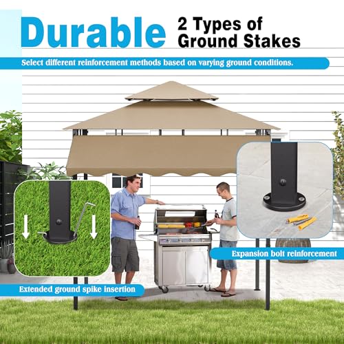 TITIMO 8'x 8' x 7.8' Double Tiered Grill Gazebo with Side Awning,Outdoor Patio BBQ Pergola, Heavy-Duty Metal Frame Canopy Tent with Side Shelves,Hooks,Bottle Opener for Lawn Deck and Garden (Khaki) - color: khaki