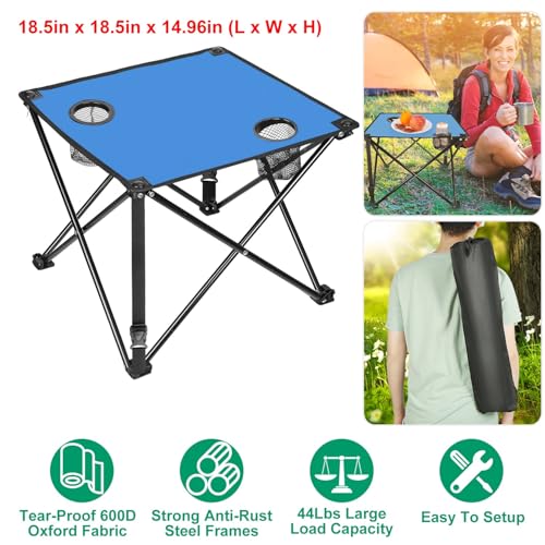 KOCASO 1Pc Foldable Camping Table Portable Picnic Table Lightweight Travel Desk with 2 Cup Holders Carrying Bag - color: Blue